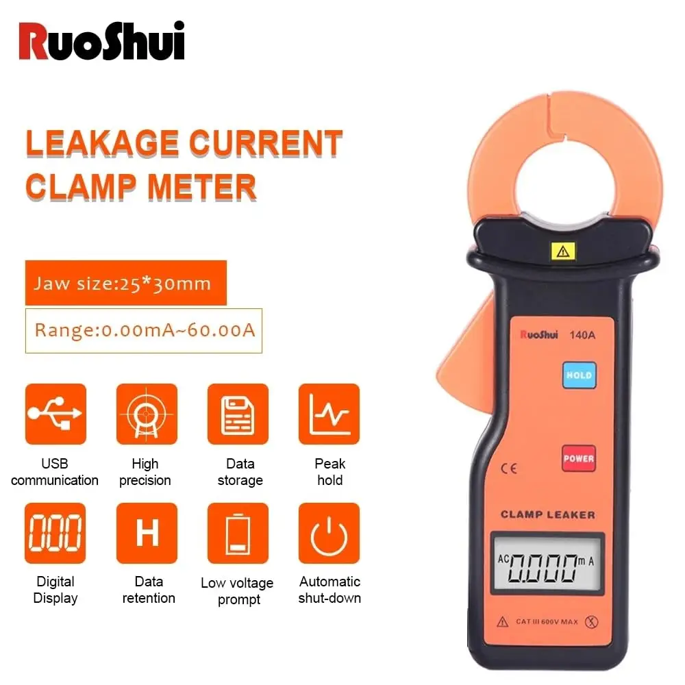 RuoShui 140A Digital Clamp Leaker High Accuracy Leakage Current Clamp Meter Measure Range 0.000mA～60.00A LCD Automatic Tester