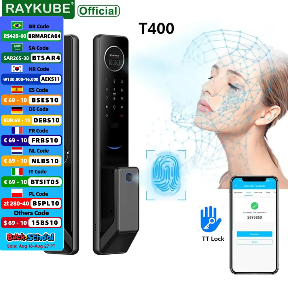 

Новый полностью автоматический усовершенствованный замок RAYKUBE T400 TT с 3D распознаванием лица, умный дверной замок, электронный дверной замок с цифровым сканером отпечатков пальцев