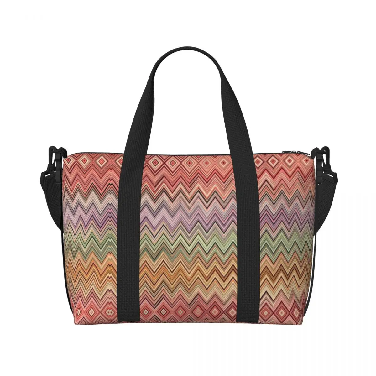 Custom Boho Vintage Contemporary Zig Zag Beach Tote Bag  Women Extra Large Gym Carry On Multicolor Modern Travel Shopping Bags