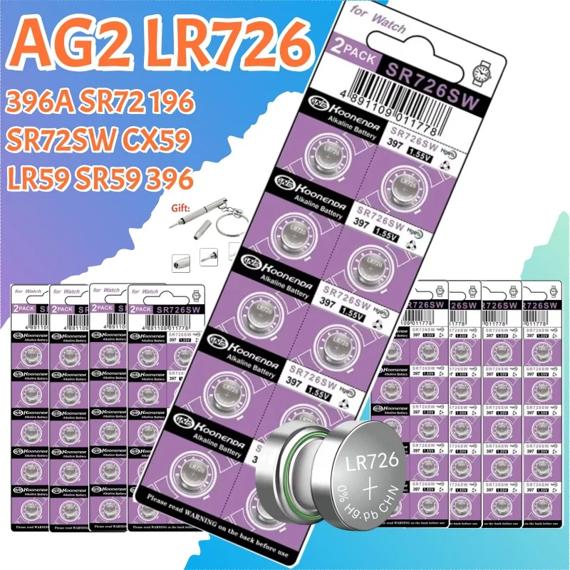 10-100 Uds AG2 LR726 pilas para reloj 1,55 V 396A 397 SR726SW SR59W SR726 pilas alcalinas de botón para relojes