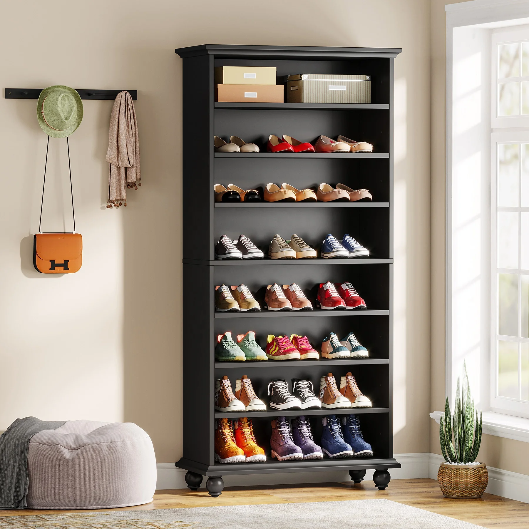 Narrow Tall Entry Shoe Cabinet With LED Lighting 9-Tier 30-Pair Freestanding Wood Storage Convertible Home Furniture