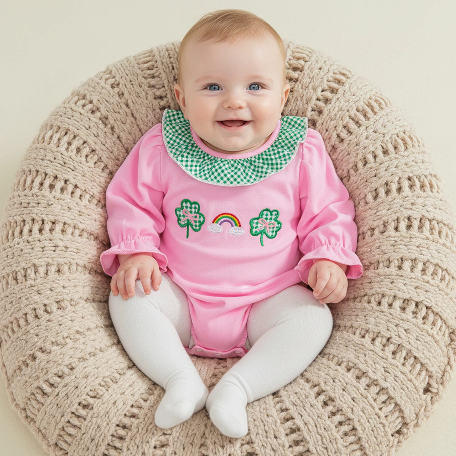 Irish Festival Baby Girls Rompers Comfortable Long Sleeve Round Neck Shamrock Embroidery Jumpsuit