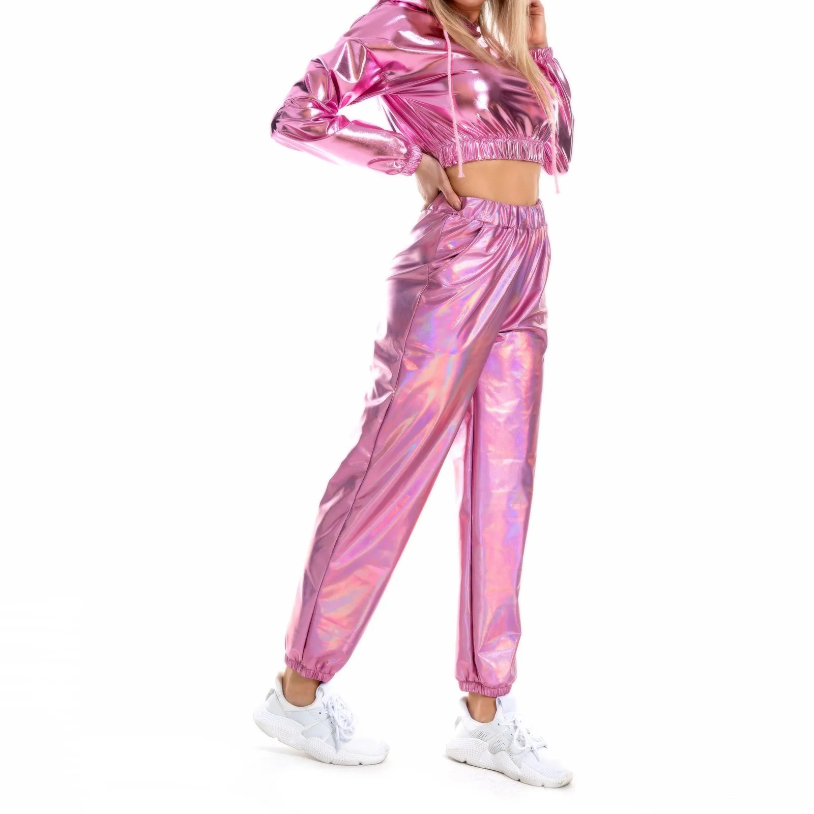 Women Shiny Holographic Pants Loose High Waist Metallic Trousers Dance Performance Hip Hop Pants Streetwear Joggers