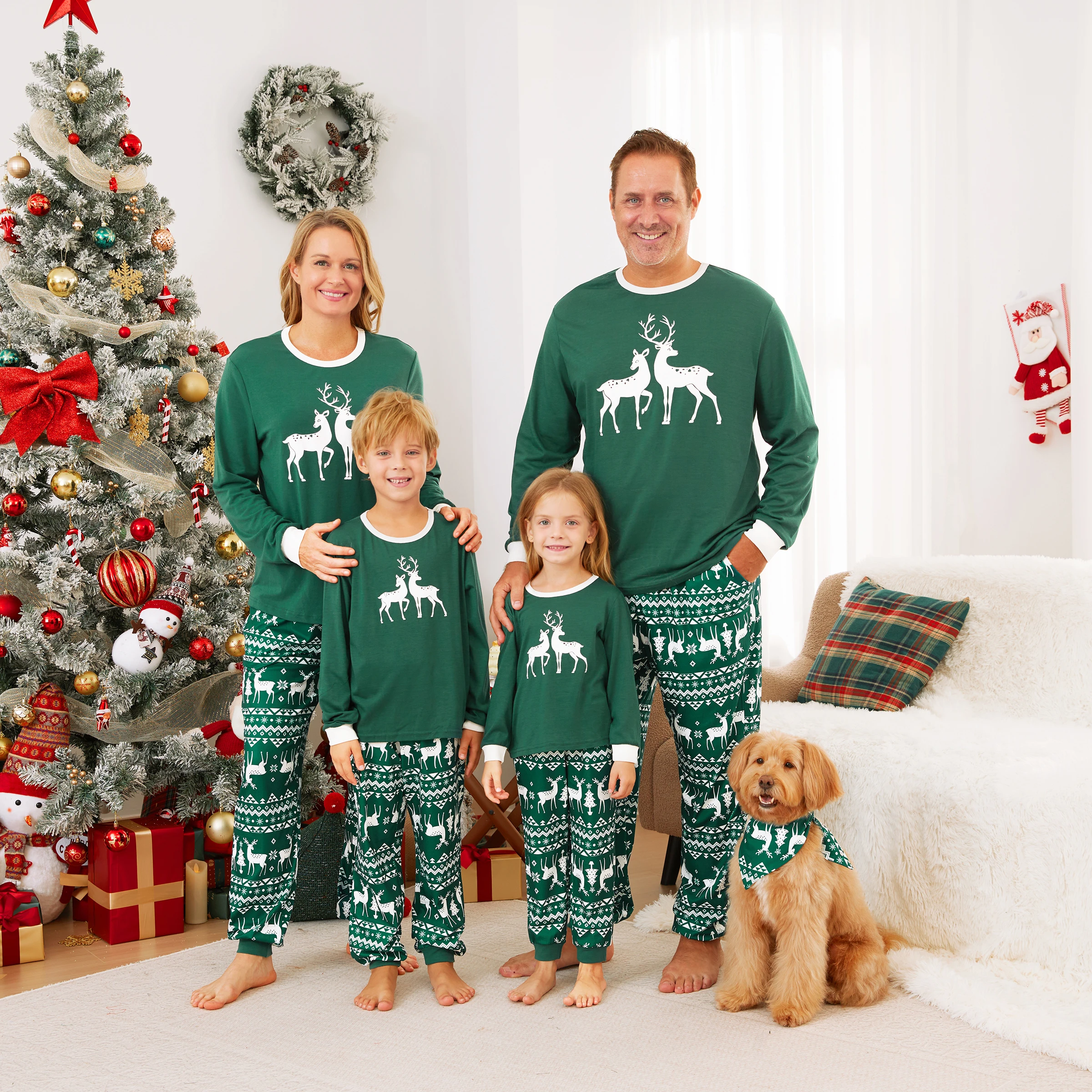 PatPat Christmas Family Matching Glow in the Dark Reindeer Tops Allover Pattern Pants Pajamas Sets with Pockets and Drawstring