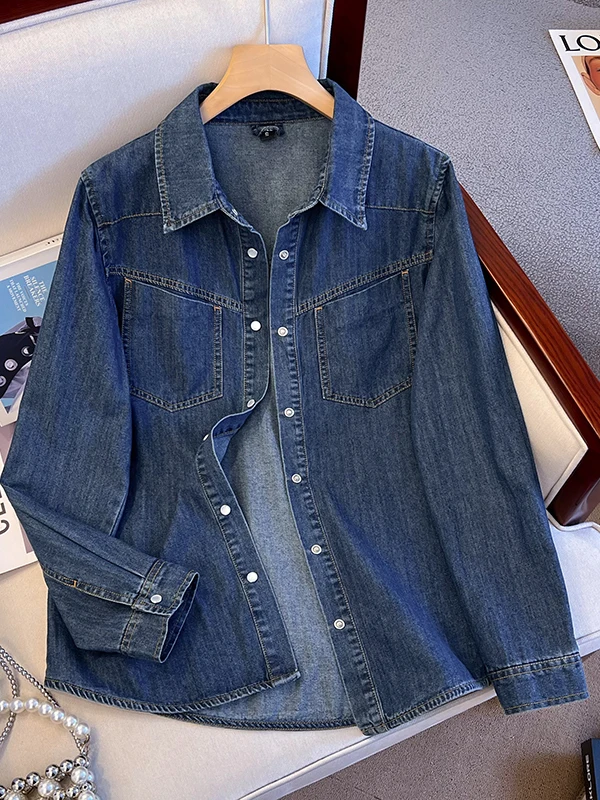 

Faionable Retro Long Sve Denim irt Women's oulder-Length Spring Autumn Versatile Commute Korean Sle High Waist