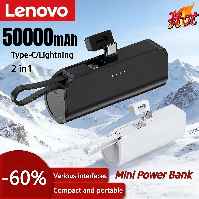 Batería Externa Portátil Lenovo 2 en 1 de 50000mAh, Mini, Gran Capacidad, Carga Rápida, para iPhone, Huawei, Samsung