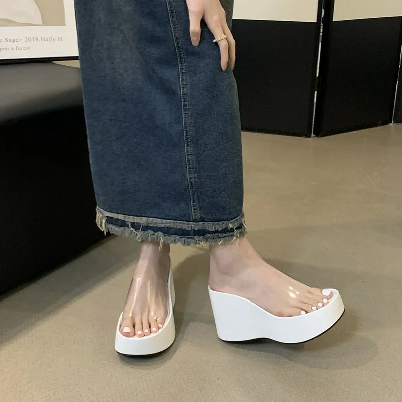 2024 Summer Chunky Woman Slippers Fashion PVC Transparent Platform Wedges Heel Slides Ladies Casual Outdoor Beach Slipper Shoes