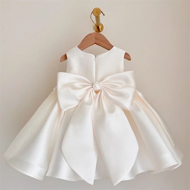 Baby Kids Princess Satin Beading Bow Flower Girl Dress Children First Communion Dress Ball Gown Wedding Party Dress Birthday