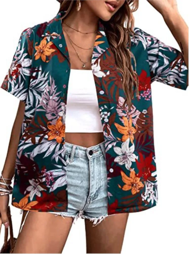 

Fashion Shirts Floral Printed 2024 Women Single Breasted Short Sleeve Tops Elegant Vintage Casual Loose Commuting Ladies Blouses