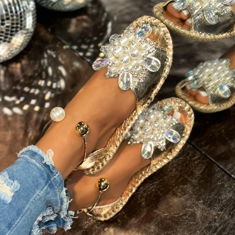 Pearl Crystal Flower Sandals Summer New Round Toe Open Toe Soft Sole Non-slip Wear-resistant Flats image 2