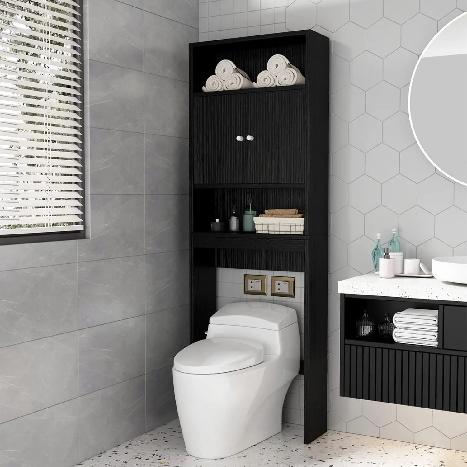 

Bathroom Over The Toilet Cabinet, 77'' Taller Bathroom Organizer Space-Saving Collect Cabinet with Shelves and Double Closet