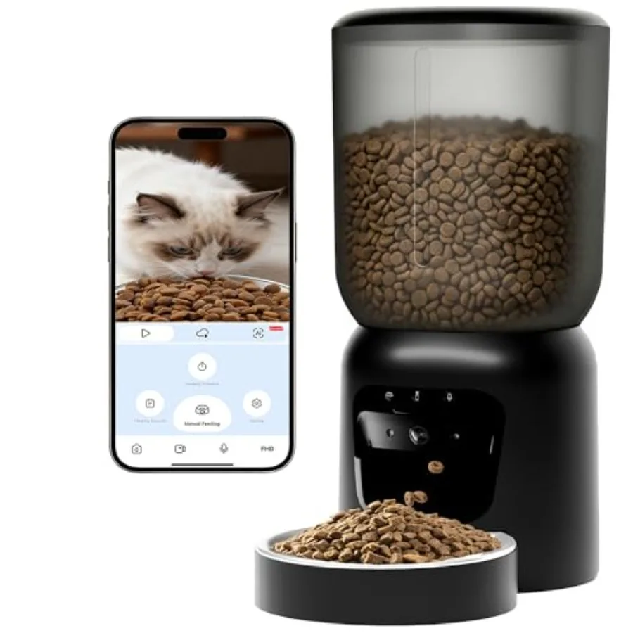 

Automatic Cat Feeder with 2K Camera for Home Use: 6L Black Plastic Food Dispenser with Night Vision, 5/2.4GHz Wi-Fi, 2-Way Audi