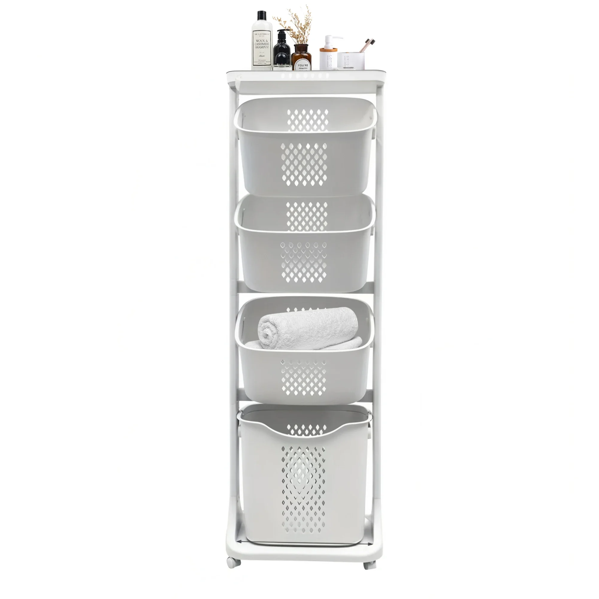 4-Tier Laundry Hamper Sorter, Laundry Storage Organizer with Wheels Removable Rolling Laundry Baskets, Bathroom Cart for Dirty C