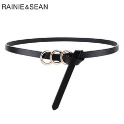 RAINIE SEAN Black Women Belt Fashion Self Tie Waist Belt Genuine Leather Knot Thin Strap Ladies Belt for Dresses Accessories