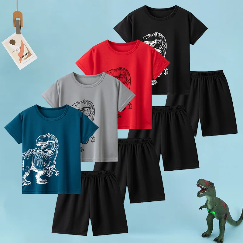 

Детский летний быстросохнущий спортивный костюм из двух предметов для мальчиков и девочек, красивый топ с короткими рукавами и принтом динозавра, черные шорты.