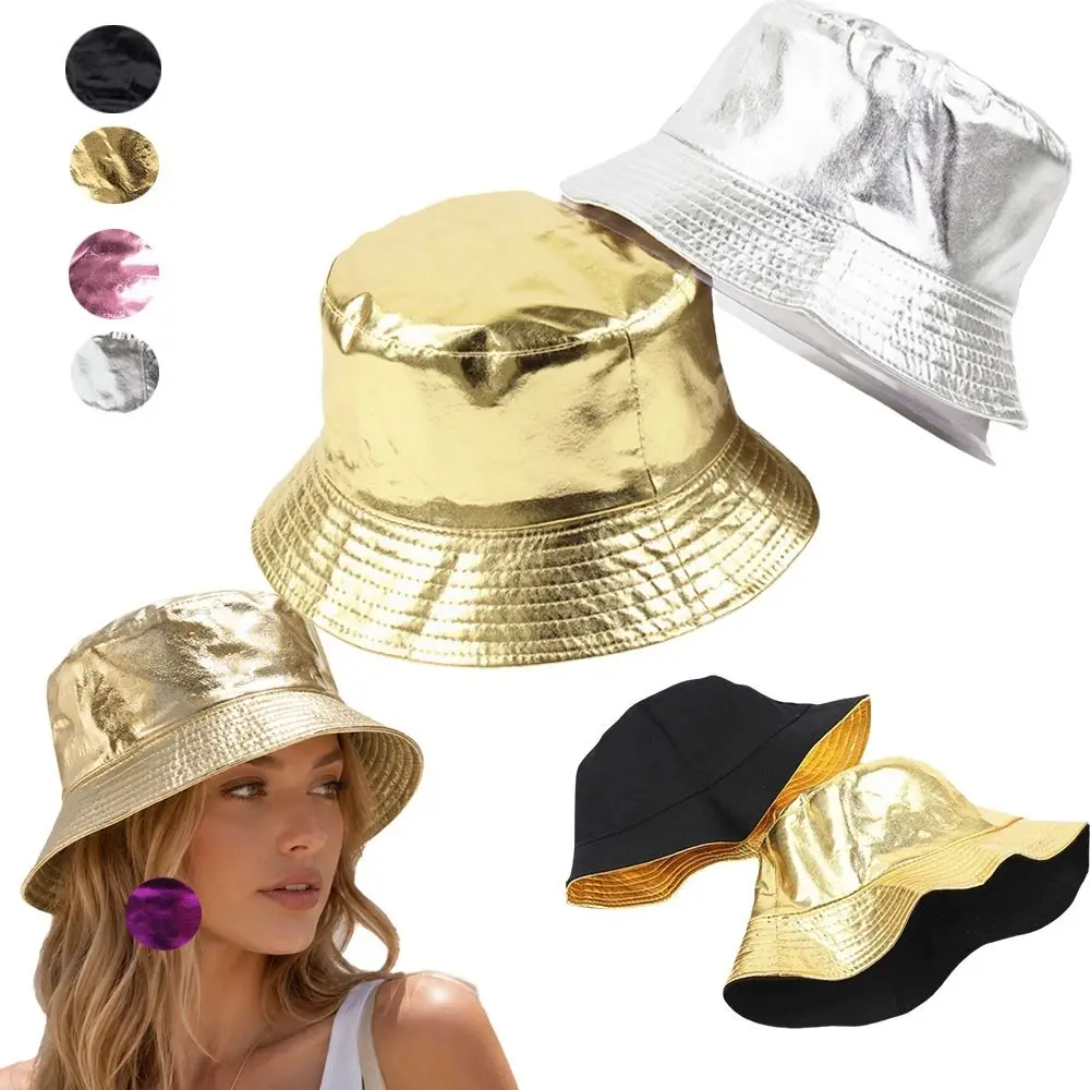 Double Sided Wear Reversible Bucket Hat UPF 50+ Sunscreen Breathable Gold Silver Fisherman Hat Leather Harajuku Style
