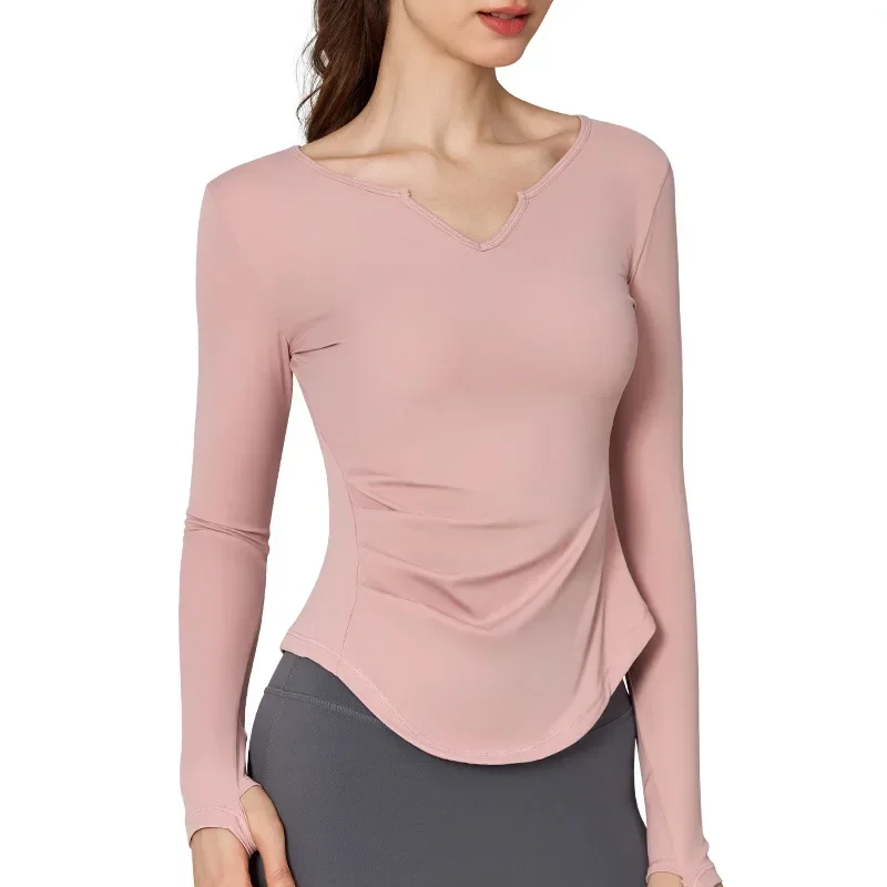 

V-neck Yoga Top Long Sleeves Solid Color Yoga Shirt Autumn Winte Breathable Sports Tops Womens Clothing Gym Running Sportswear