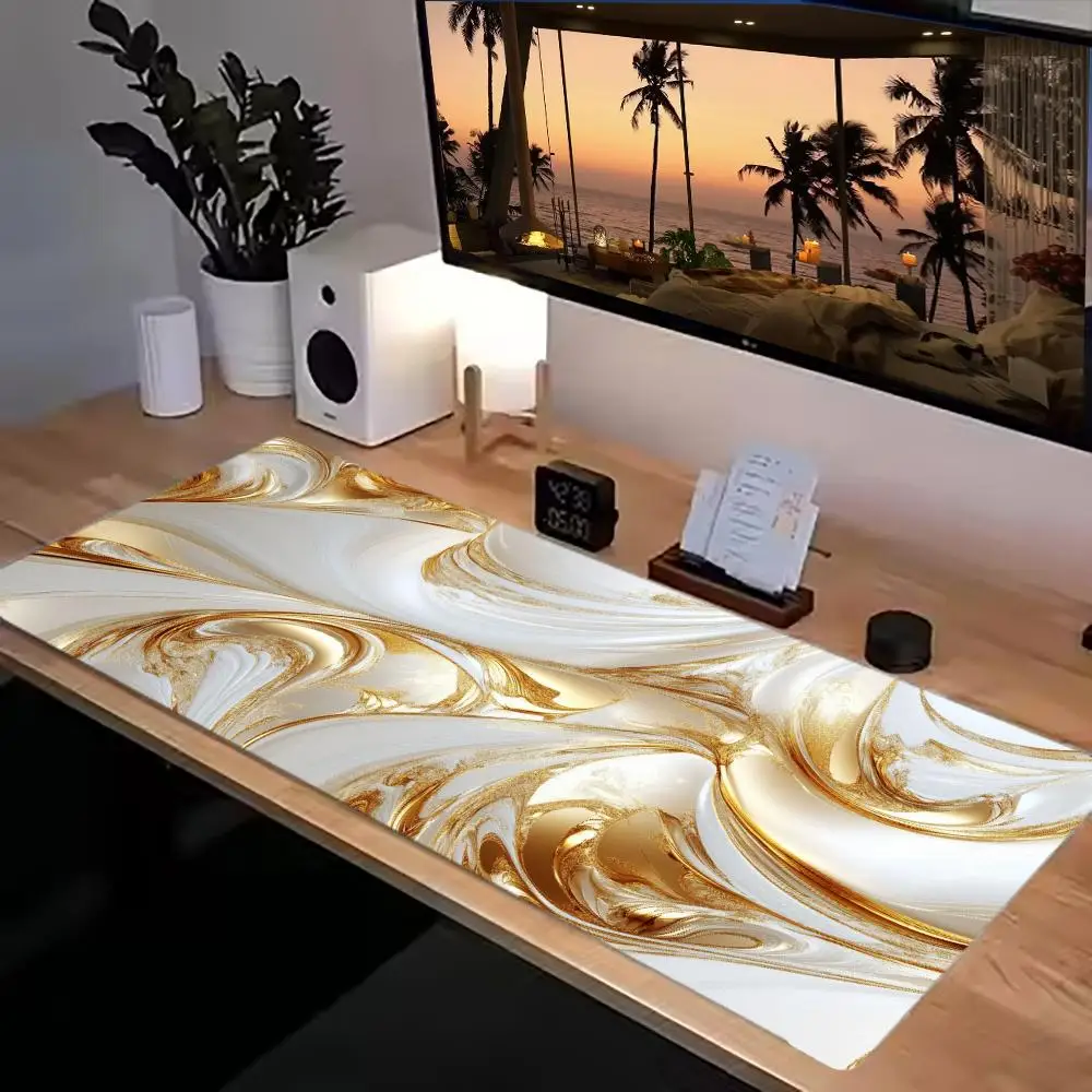 HD Printing Natural Rubber White Gold Fluid Desk Mat Light Luxury Minimalist Non-Slip Stitched Mouse Pad