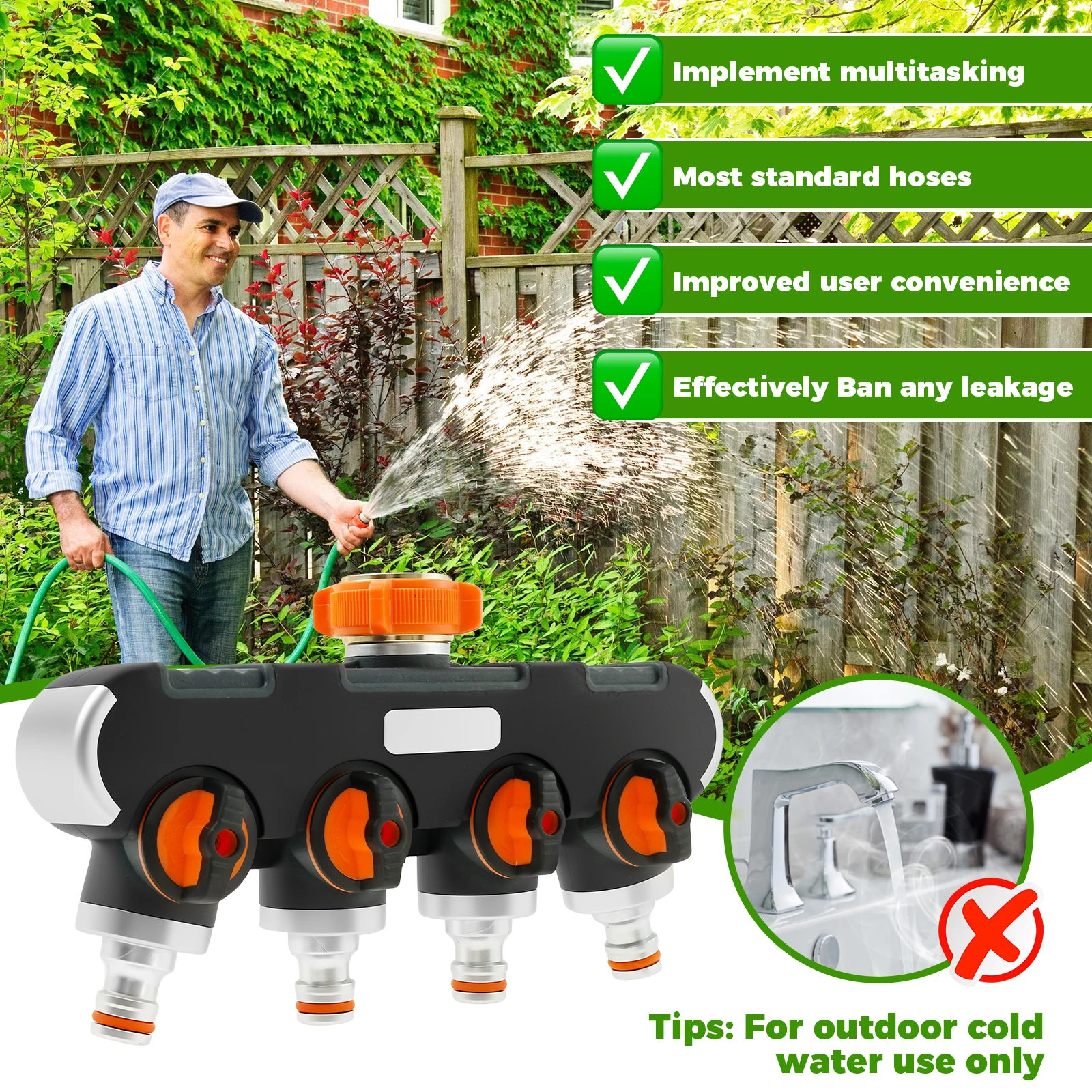 4-Way Splitter 3/4"and 1/2" Water Connection Distributor Adjustable Water Flow Water Tap Splitter for Outdoor Tap Garden Hoses