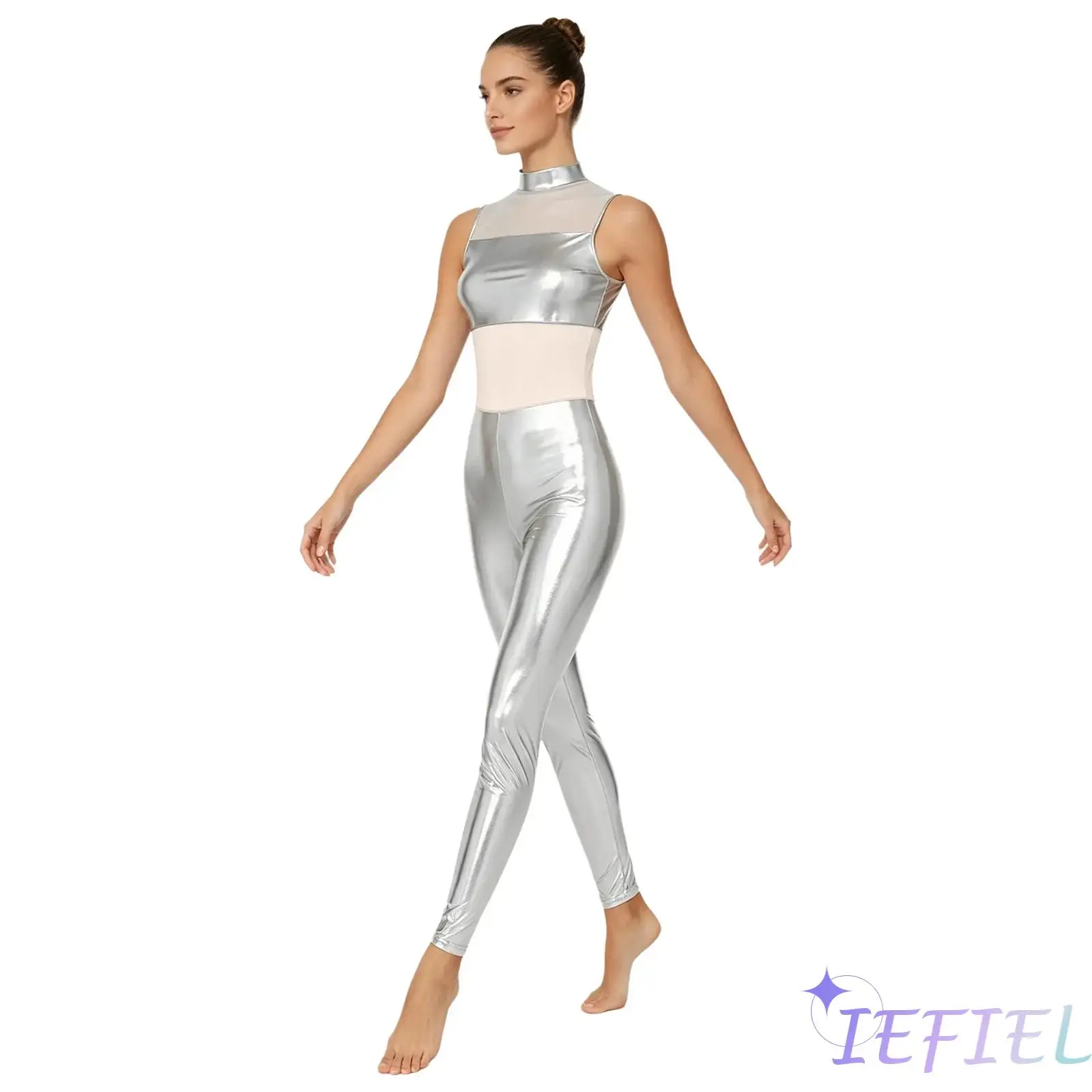 

Women Metallic Catsuit Sleeveless Sheer Mesh Patchwork Skinny Leggings Gymnastics Ballet One Piece Bodysuit Jumpsuit Clubwear