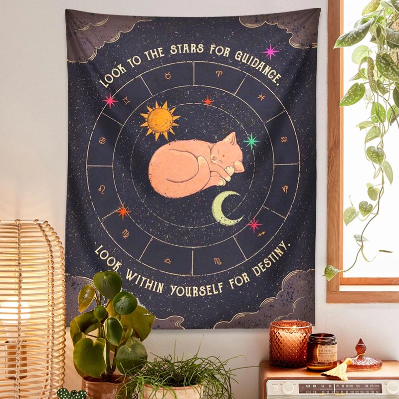 Tarot Cat Tapestry Wall Hanging Zodiac Astrology Sun Moon Astrology Witch Aesthetic for Living Room Bedroom Print Home Decor