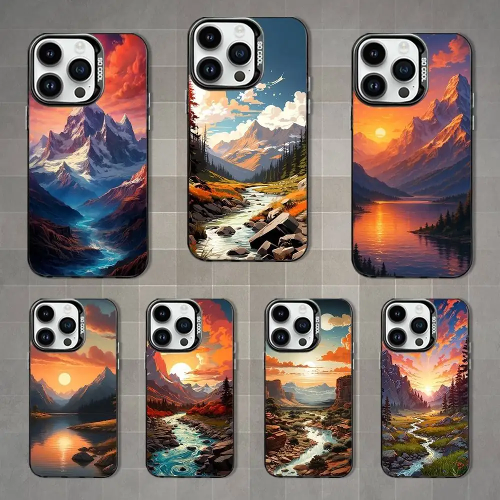 

River Art Painting Phone Case For iPhone 17,16,15,14,13,12,11,Mini,Pro,MAX,XS Black Matte Shockproof Cover