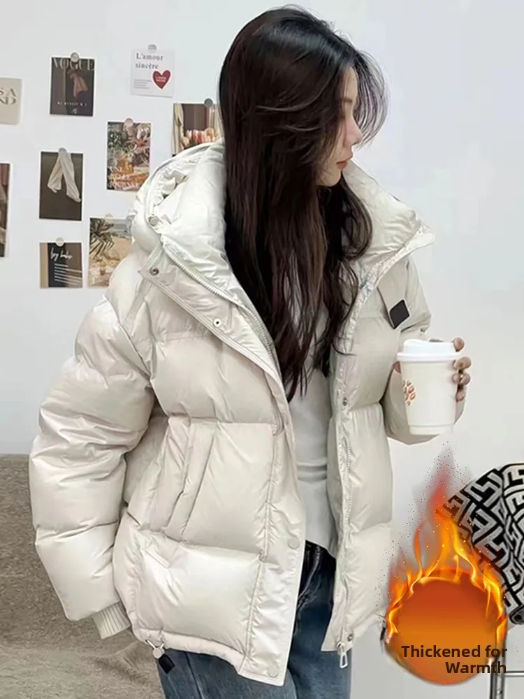 Women's Cotton Jacket Winter Thickened Short Hooded Bread Style Coat Korean Version Loose Fit Long Sleeve Zipper Pure Color