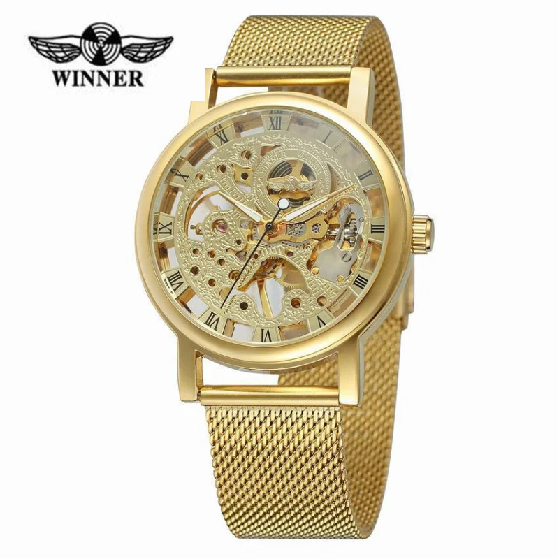 

Free Shipping OUTLETS winner Men's Fashion Casual Pop Mesh Belt Hollow out Manual Mechanical Watch