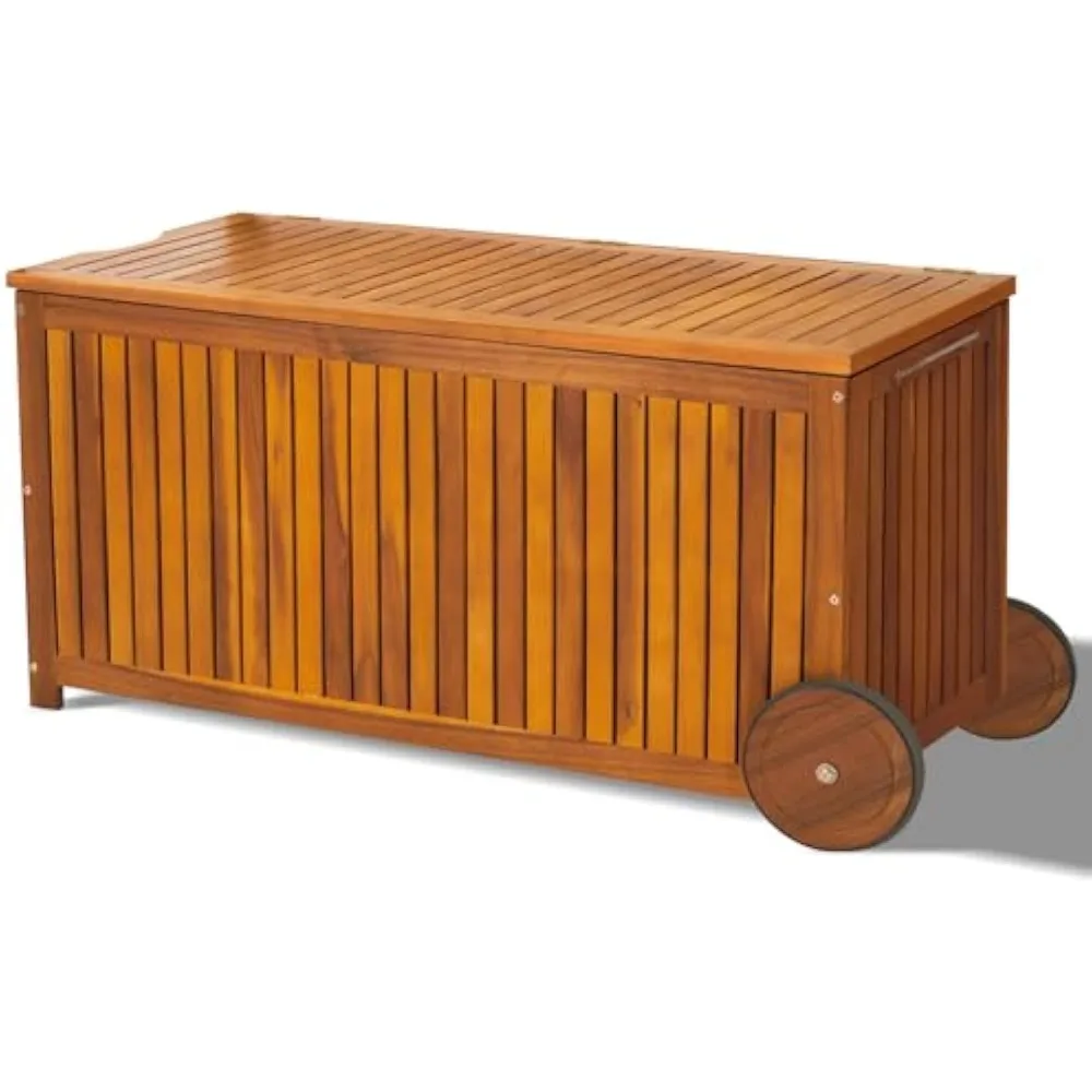 Caja de almacenamiento para exteriores, contenedor de almacenamiento de madera para exteriores de 57 galones con 2 ruedas, banco de almacenamiento multifuncional para jardín 2 en 1, cubierta para piscina