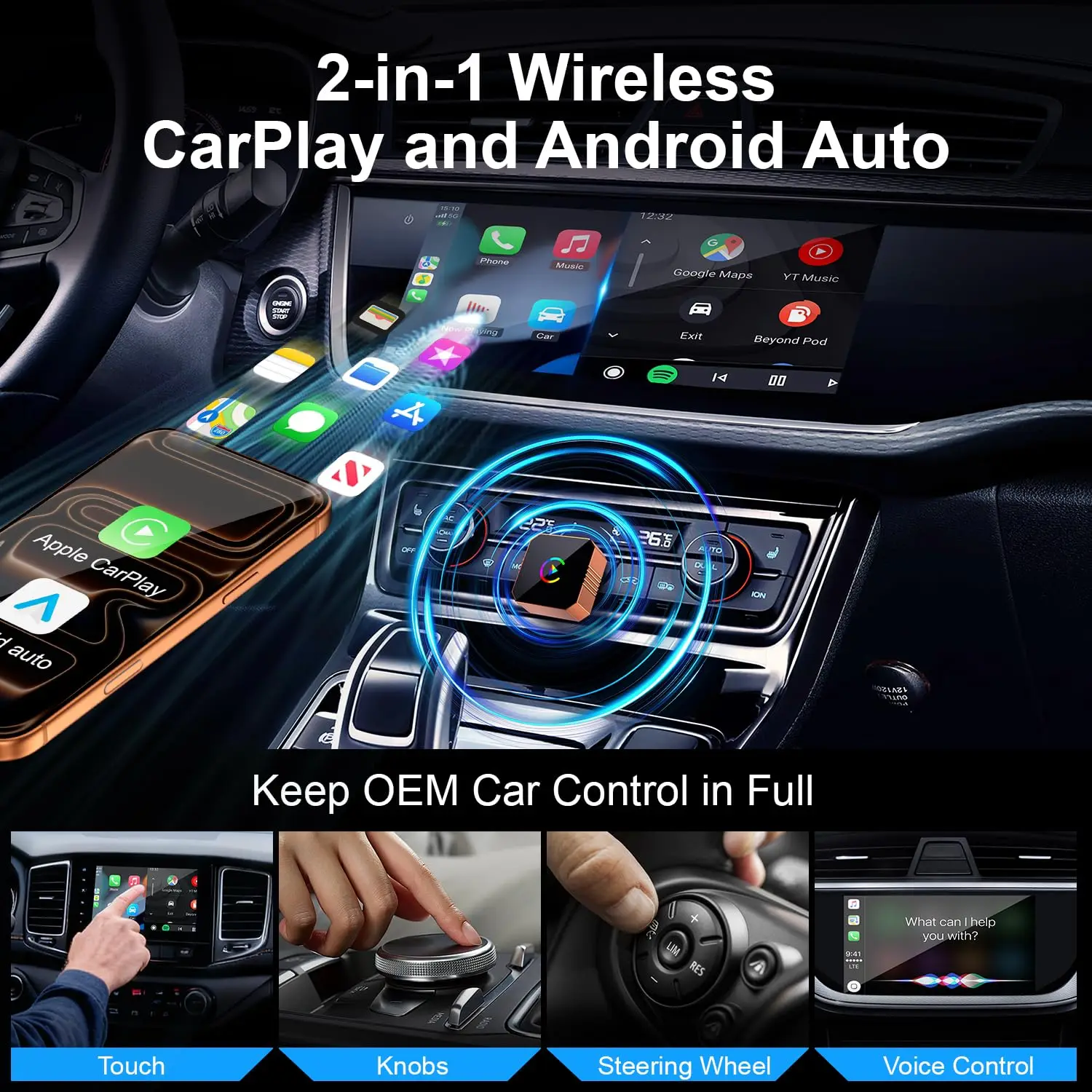 محول Carplay اللاسلكي لهاتف iPhone، CarPlay مع كابل إلى لاسلكي، تصميم Android Auto 2 في 1 Mini USB