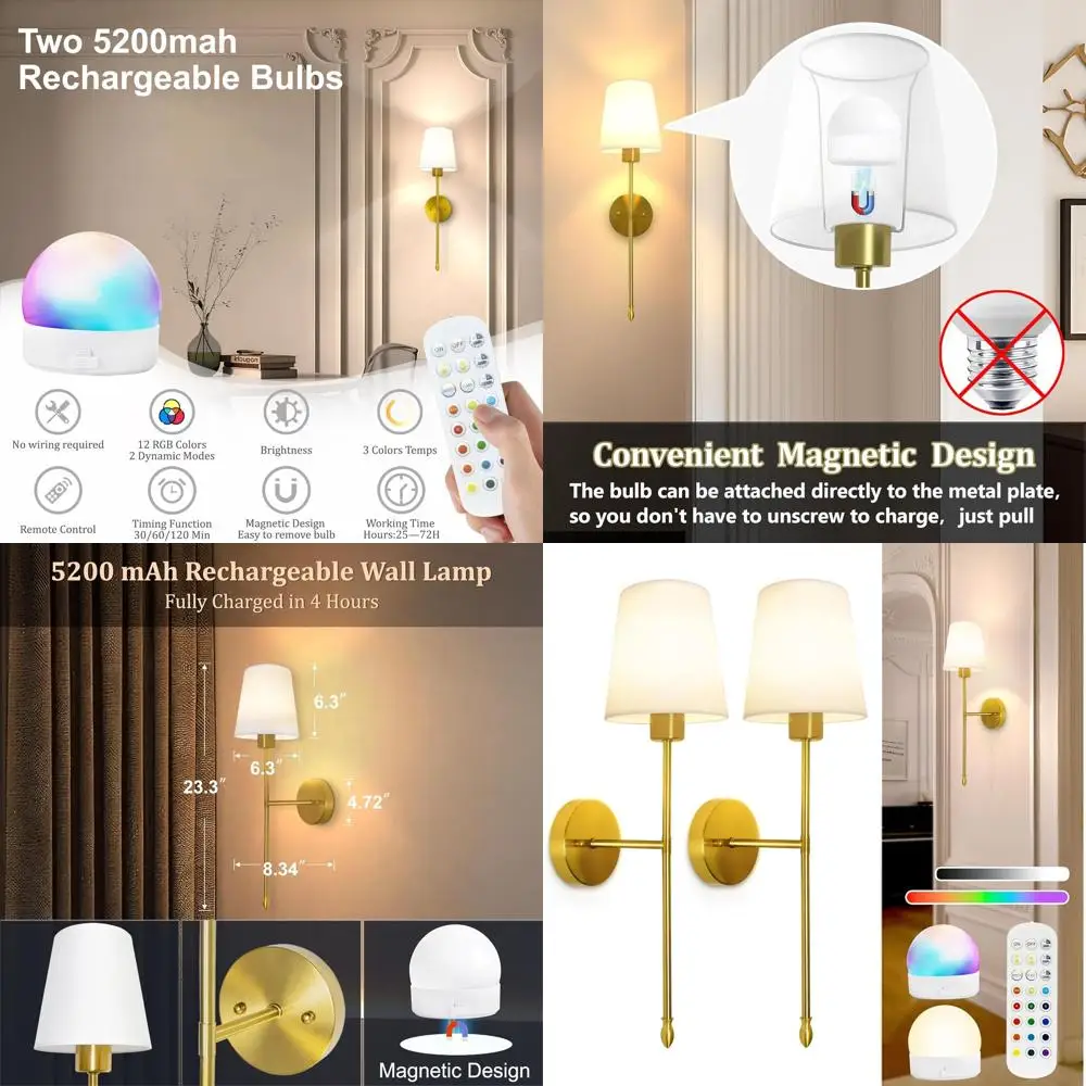 

Набор из 2 настенных бра с перезаряжаемыми батарейками, 15 вариантами цвета, регулируемой яркостью и дистанционным управлением, золотая отделка для дома D