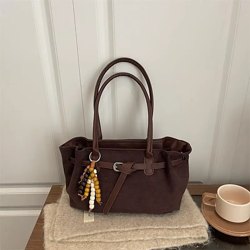 2026 New Casual Retro Suede Shoulder Bag Women's Handbag Tote Bag Underarm Bag Autumn Winter Cute Forest Style Handbag