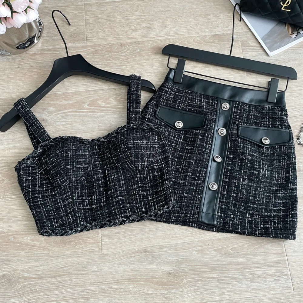 2023 Summer Elegant Sexy Tweed 2 Pcs Women Short Tank Crop Top + A-line Skirt Vintage Two Piece Skirt Suits Outfits Streetwear