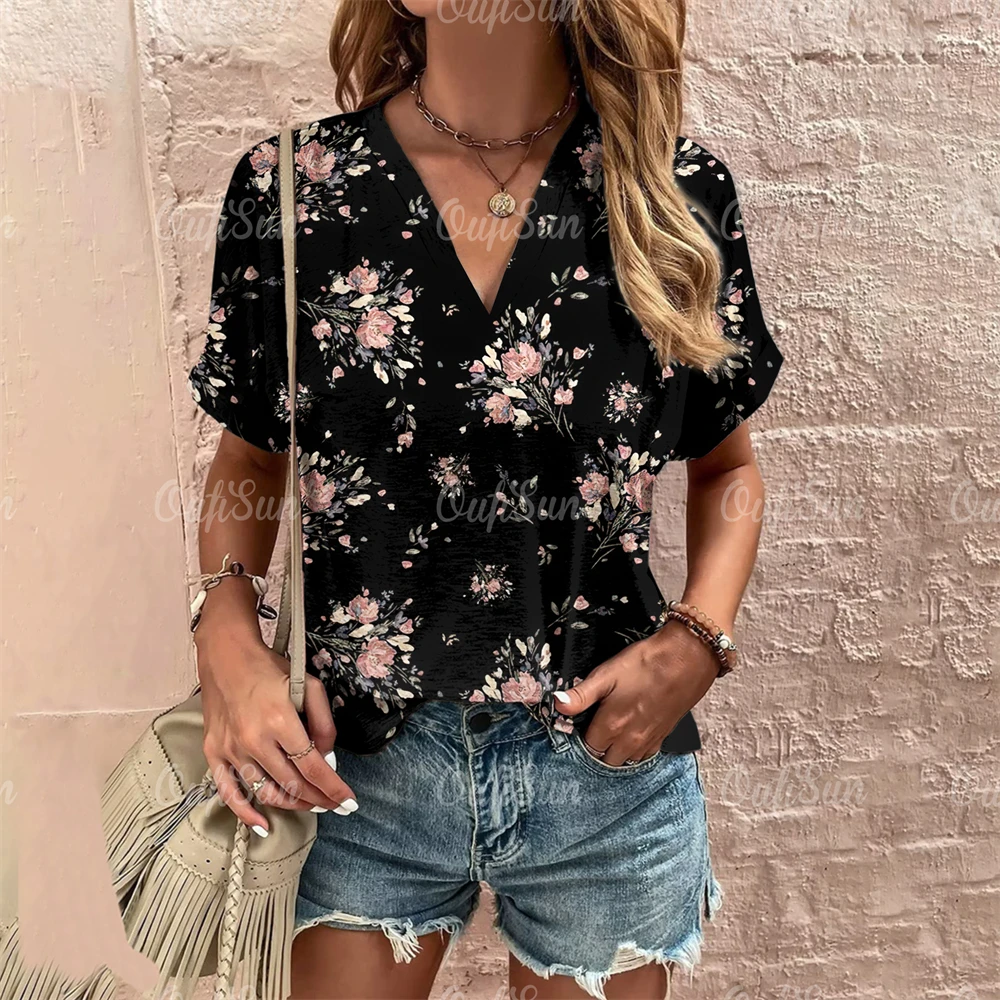 Short Sleeve V Neck Tshirt Women\'s Fashions Loose Plus Size Clothing Crushed Flower Casual T Shirts Streetwear Casual Woman Tops