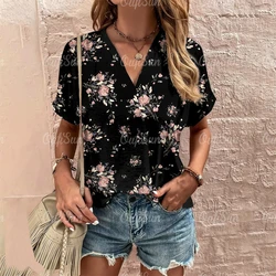 Short Sleeve V Neck Tshirt Women's Fashions Loose Plus Size Clothing Crushed Flower Casual T Shirts Streetwear Casual Woman Tops