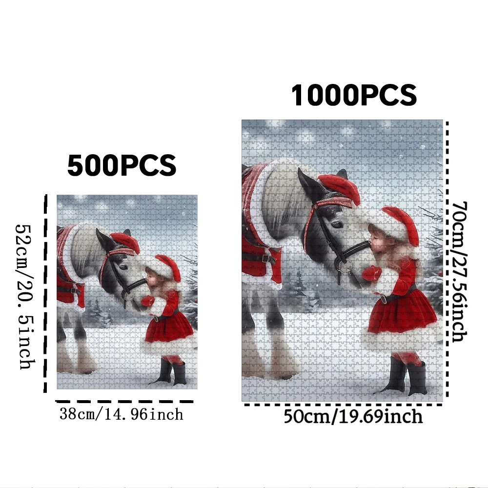 1000/500pcs Puzzles Featuring Girls, Horses, Christmas Hats, And Snowy Landscapes, Large Interactive Games for Adults And Fami