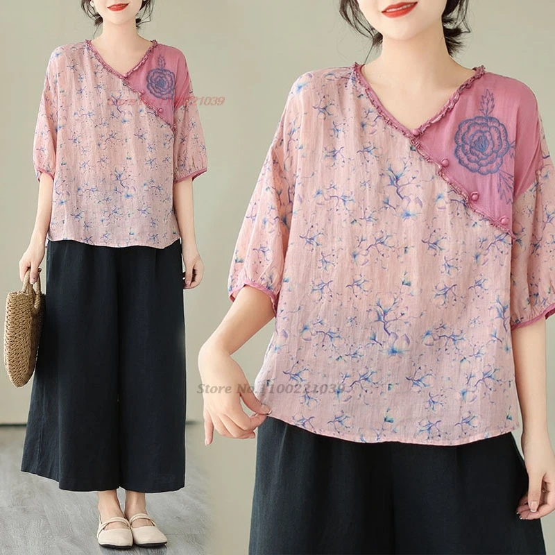 

2024 chinese vintage blouse national flower print v-neck loose blouse traditional retro blouse hanfu tops ethnic streetwear