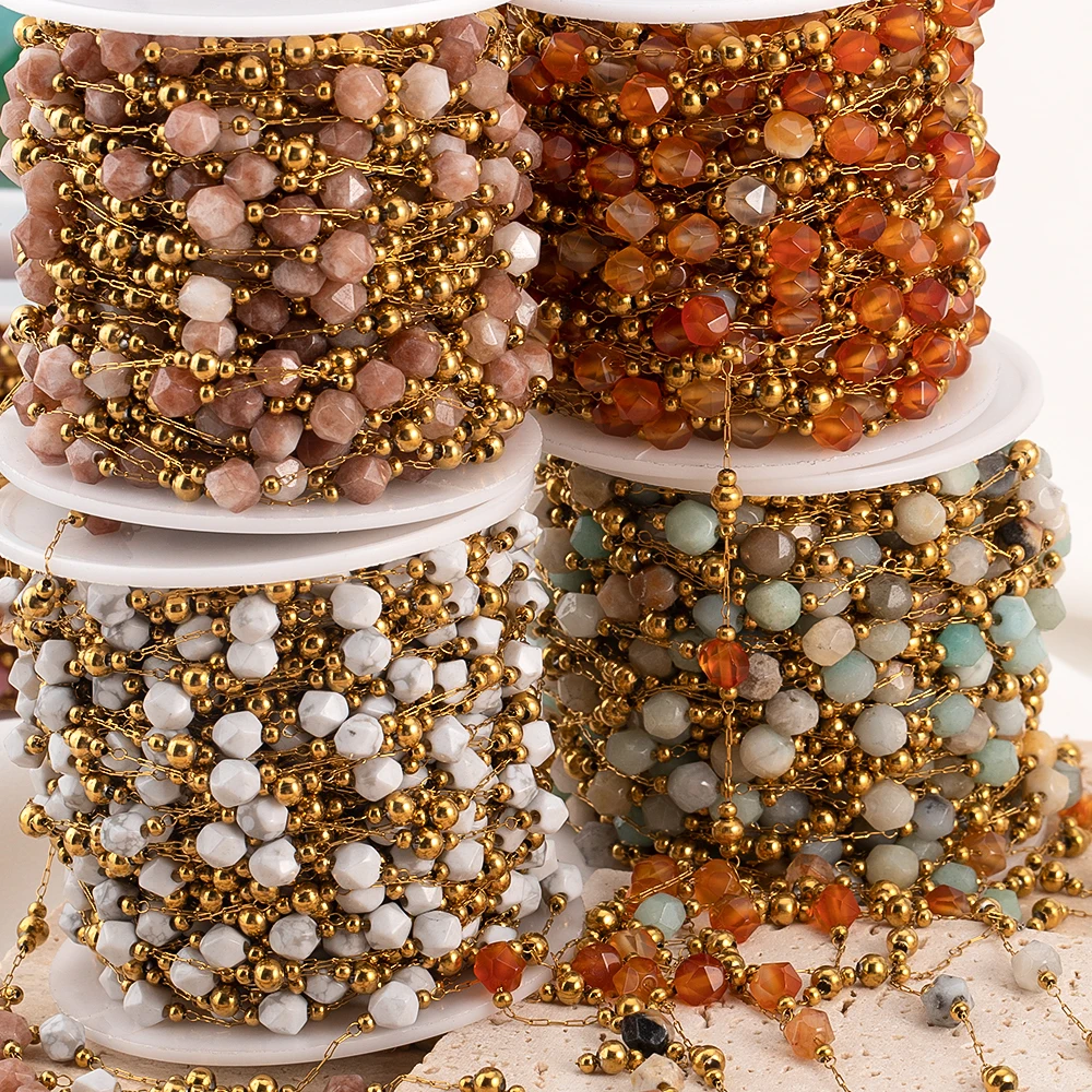 Łańcuszek ze stali nierdzewnej o długości 0,5 metra i 1 metra z nieregularnymi koralikami z kamienia do samodzielnego tworzenia naszyjników w stylu boho, ręcznie robionych bransoletek i materiałów do wyrobu biżuterii.