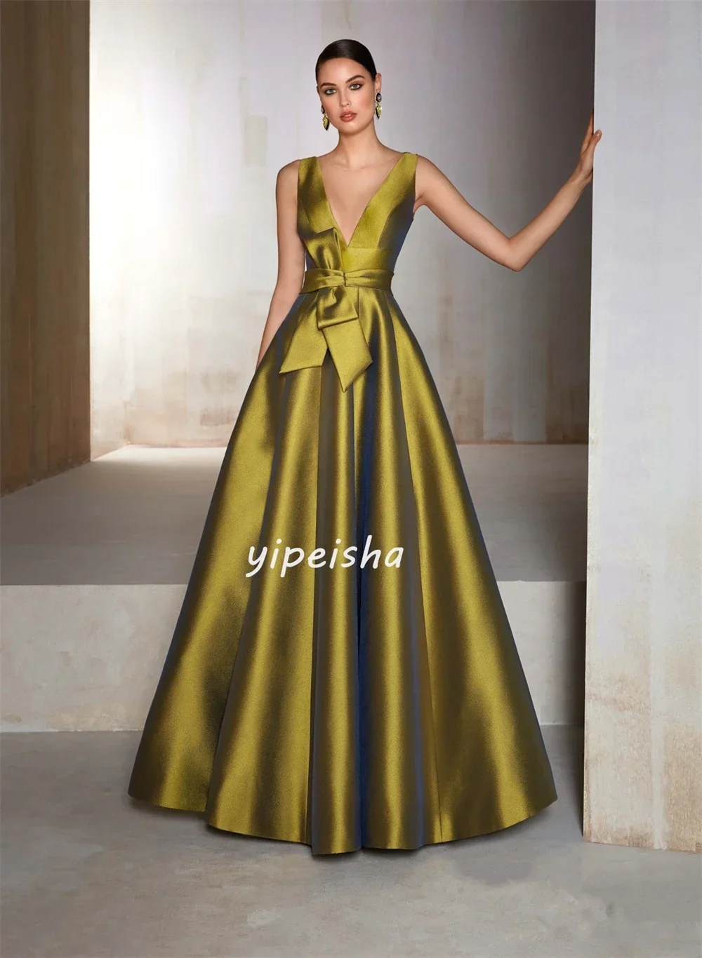 Customized Formal High Quality Satin Applique Button Pleat Ruched Draped A-line V-neck Long Dresses Cocktail Dresses Pastrol