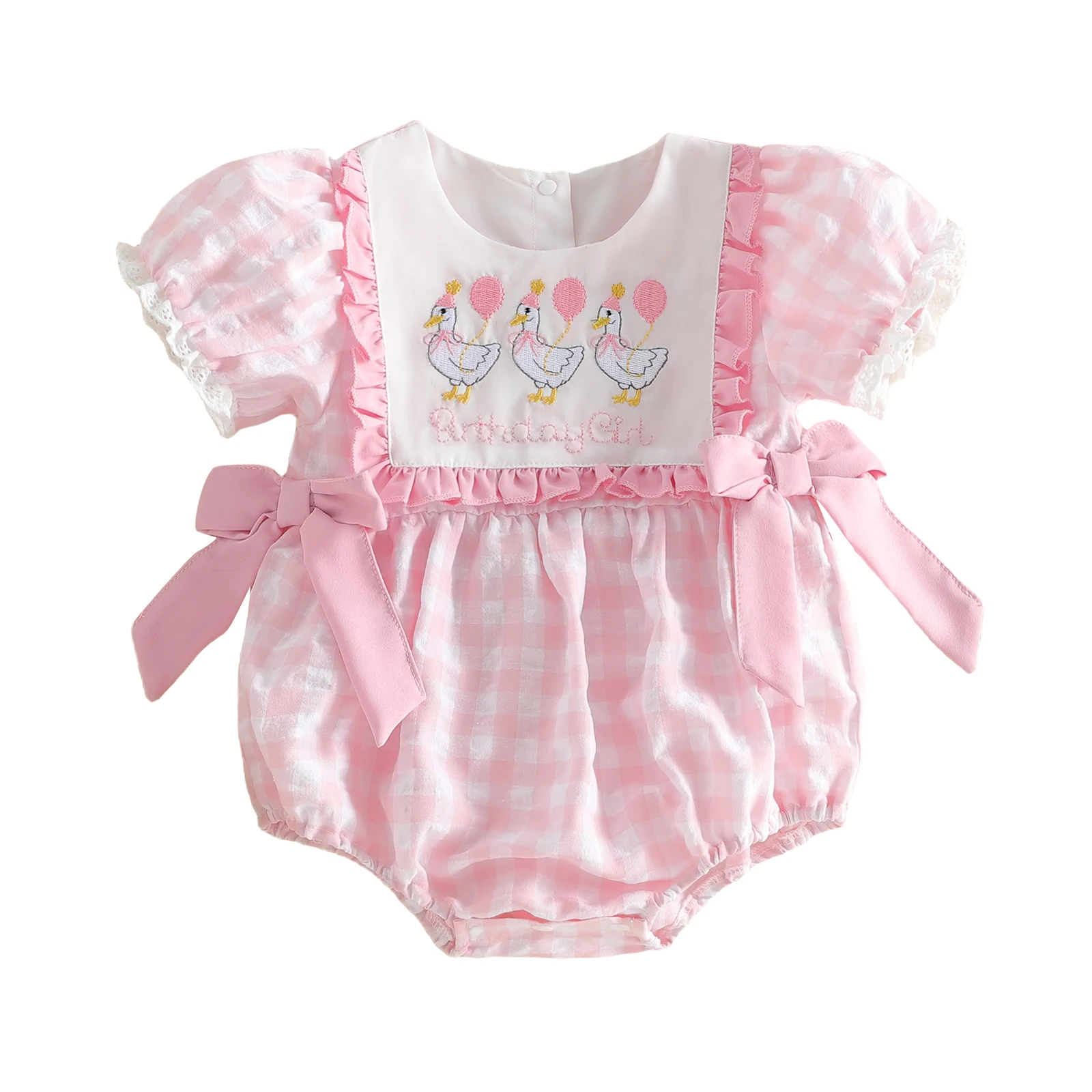 

Милый комбинезон для девочек на день рождения с милой вышивкой в виде животных, круглым вырезом, короткими рукавами и клетчатым узором - идеально подходит для