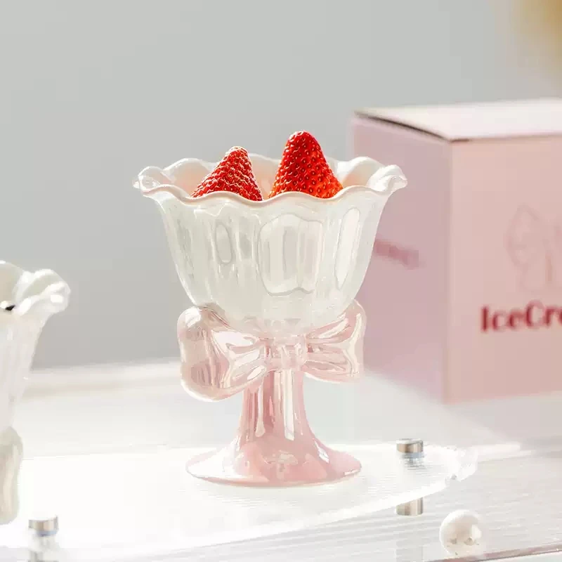180ML Bowknot Ceramic Footed Ice Cream Cup Scalloped Flower Porcelain Dessert Goblet Iridescent Glaze Tableware Gift