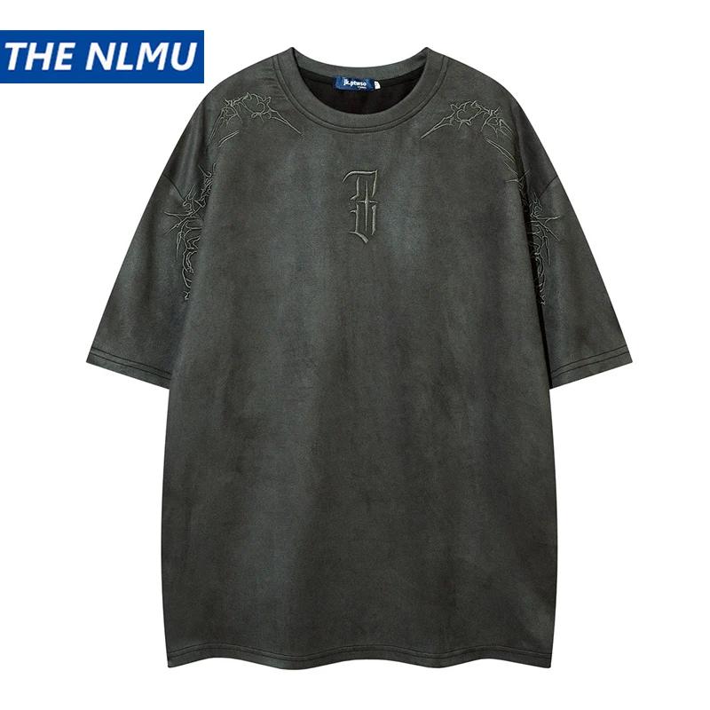 2026 American Streetwear Suede T-Shirt Men Thorn Embroidery High Street Short Sleeve Tee Vintage Casual Tops