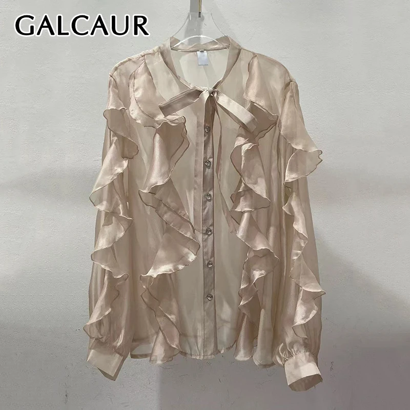

GALCAUR Solid Sheer Spliced Fungus Casual Shirts for Women Round Neck Long Sleeve Patchwork Single Breasted Elegant Shirt Female