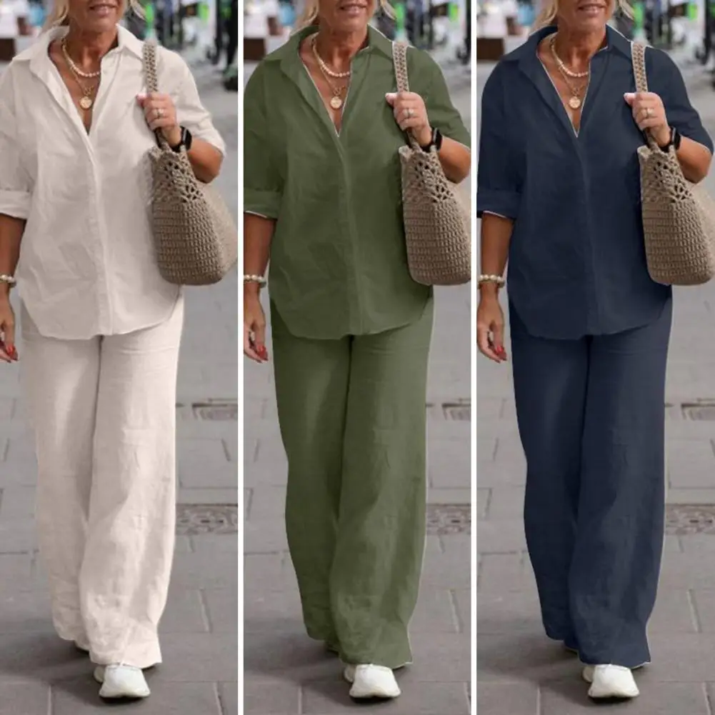 1 Set Cozy Women Summer Suit  Solid Color M-4XL Top Pants Suit  Loose T-shirt Long Pants Leisure Outfit