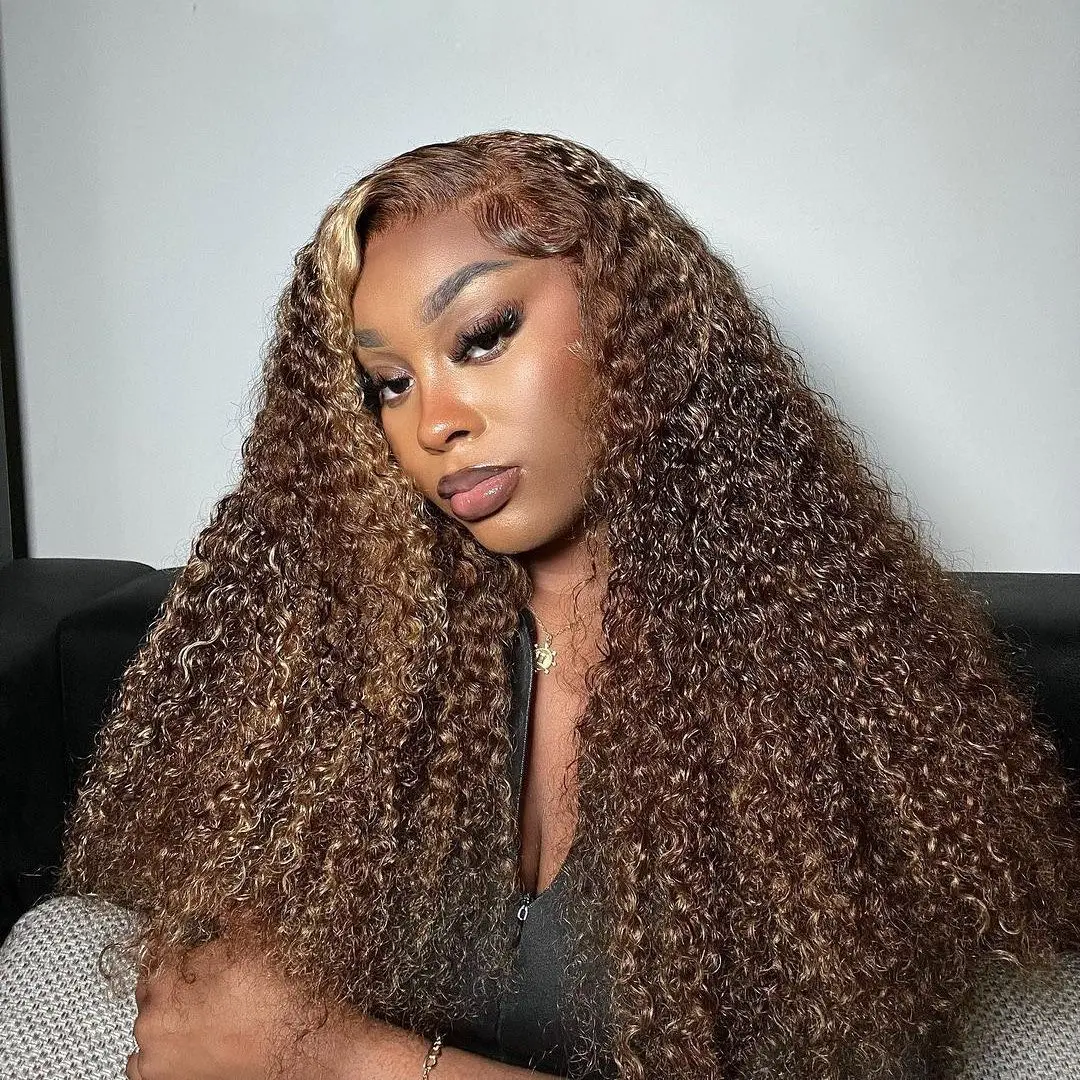 

250 Density 30 Inch Highlight Honey Brown Curly Lace Front Human Hair Wigs 13x6 Honey Blonde Colored Deep Wave Lace Frontal Wig