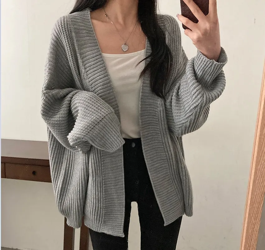 Slouchy Cardigan Knitted Drop Shoulder Long Sleeve Ribbed Open Front Sweater Jacket Women Teen-girl Fall Winter Basic Outfit