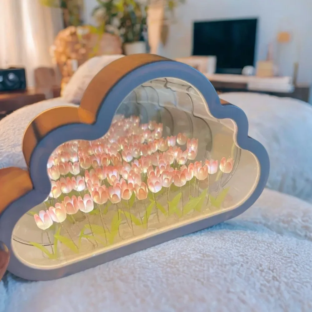 Lovely and enchanting transparent tulip night light, ideal for Qixi lovers. Creative DIY cloud sea design makes it a unique desk