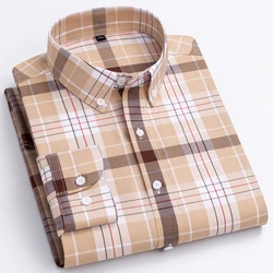 Men's Versatile Casual Soft Modal Cotton Checkered Shirt Long Sleeve Standard-fit Comfortable Striped Plaid Button Up Shirts