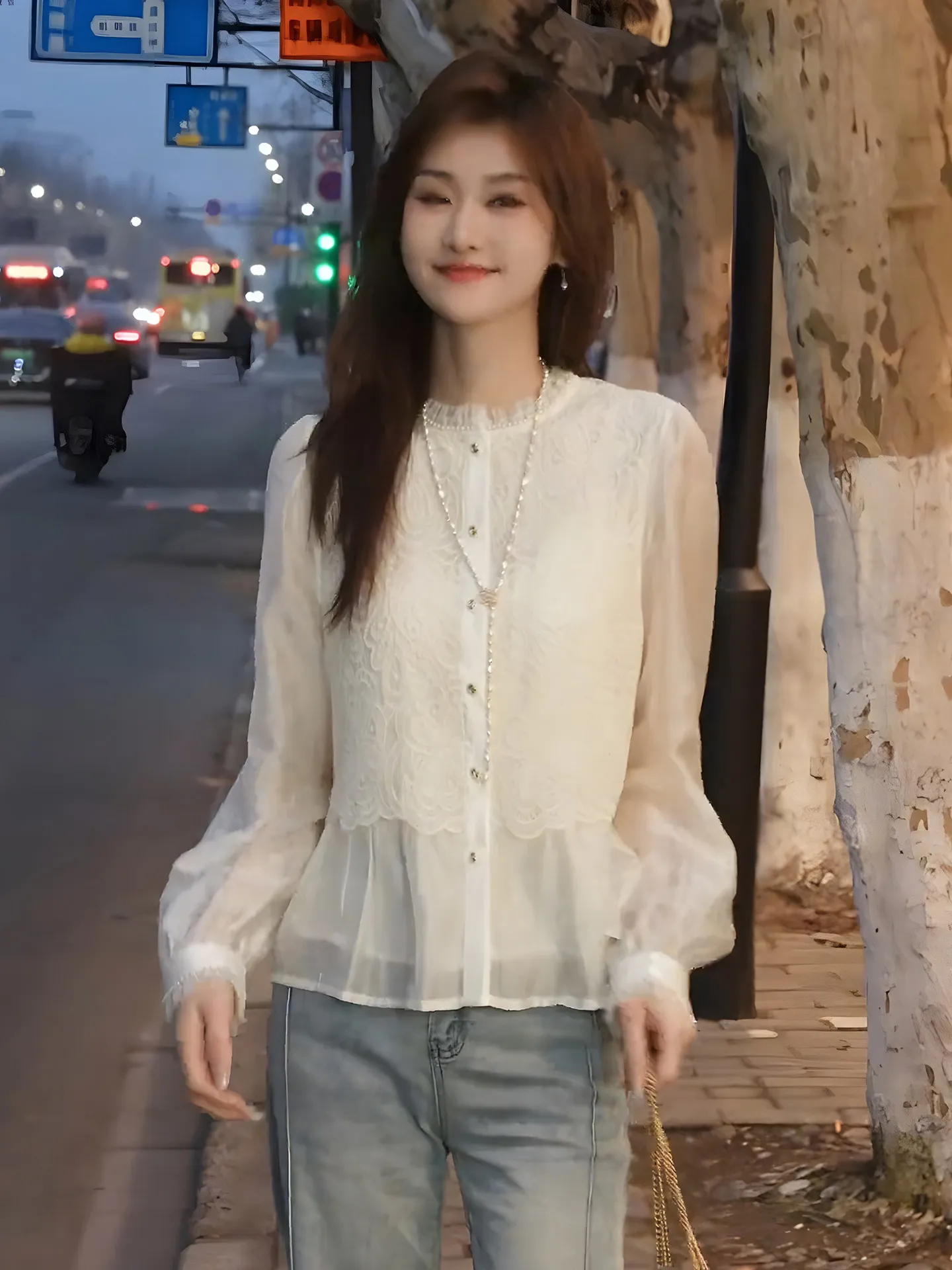 

Элегантная женская блузка с кружевным воротником и длинными рукавами, свободного кроя, стройнящая фигуру, модная новинка весна-лето, французский стиль, полиэстер