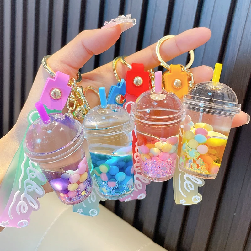 Cute Liquid Pearl Milk Tea Cup Key Chain Creative Quicksand Floating Jelly Bean Keyring Backpack Pendant Keychain Gift For Women